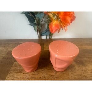 Vintage Handmade Terra Cotta Salt Pepper Shakers Coral‎ Pink Modernist Pottery